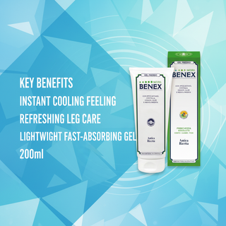 Cooling Leg Natural Benex Gel 200ml key benefits: instant cooling feeling, refreshing leg care, lightweight fast-absorbing gel