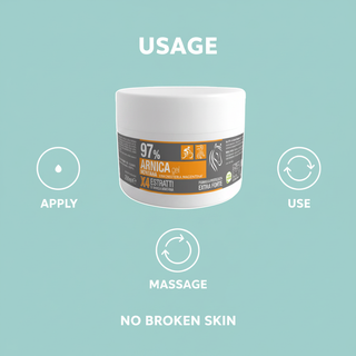 Arnica Gel 97% usage guide with apply, massage, use and no broken skin pictograms