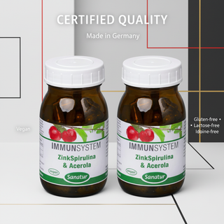 Sanatur ZincSpirulina and Acerola Value Bundle with certification wording on a laboratory background without capsules tablets or powder