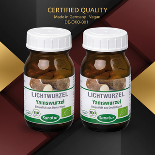 Sanatur Organic Yam Root Value Bundle with certification wording on a laboratory background without capsules tablets or powder