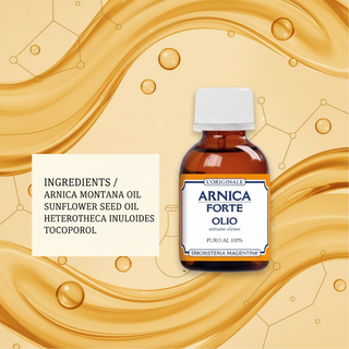 Pure Arnica Oil ingredients visual with Arnica montana oil, Sunflower seed oil, Heterotheca inuloides and Tocopherol wording
