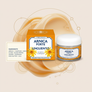 Arnica Forte Balm ingredients visual with Arnica, Camphor, Menthol, Clove, Black Pepper, Ginger, Rosemary, Shea Butter and oils wording