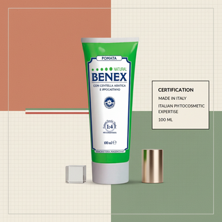 Benex Cooling Cream certification visual with Made in Italy and Italian phytocosmetic expertise wording