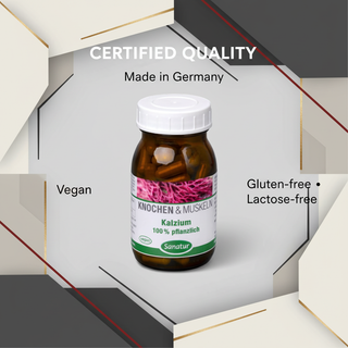 Sanatur Calcium 100 percent Vegetable with certification wording on a laboratory-inspired background