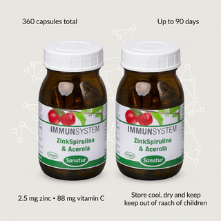 Sanatur ZincSpirulina and Acerola Value Bundle with dosage and storage wording on a clean geometric background without capsules tablets or powder