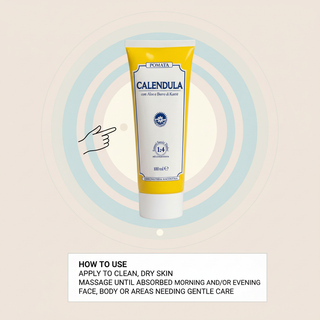 Calendula Cream how to use visual with clean dry skin, massage until absorbed, morning and evening wording