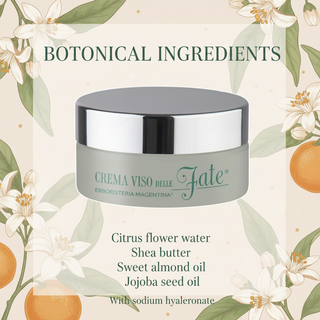 Fate Face Cream botanical ingredients: citrus flower water, shea butter, sweet almond oil, jojoba seed oil and sodium hyaluronate