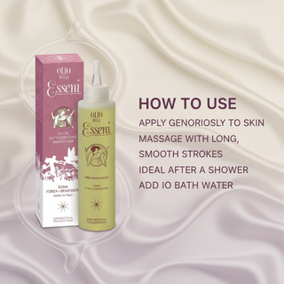 Esseni Massage Oil 150ml how to use: apply generously to skin, massage with long smooth strokes, ideal after a shower, add to bath water