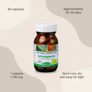 Sanatur Organic Ashwagandha with dosage and storage wording on an information-inspired background