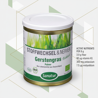 Sanatur Organic Barley Grass Powder with nutrient wording on a clean abstract nutrition background without powder