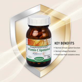 Sanatur Liposomal Vitamin C with key benefits wording on an abstract premium background