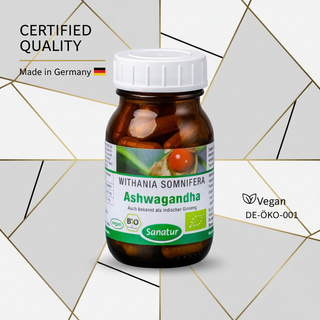 Sanatur Organic Ashwagandha with certification wording on a laboratory-inspired background