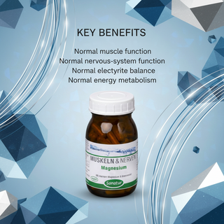 Sanatur Magnesium with key benefits wording on an abstract mineral background