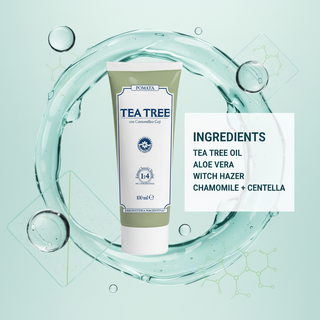 Tea Tree Cream ingredients visual with Tea Tree Oil, Aloe Vera, Witch Hazel, Chamomile and Centella wording