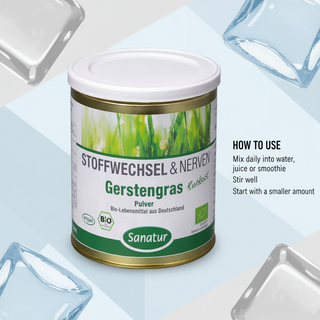 Sanatur Organic Barley Grass Powder with usage wording on a clean cool-drink background without powder