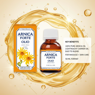 Pure Arnica Oil key benefits visual with 100 percent pure Arnica oil, lightweight carrier oil, easy to blend, massage and skin care, 50 ml format