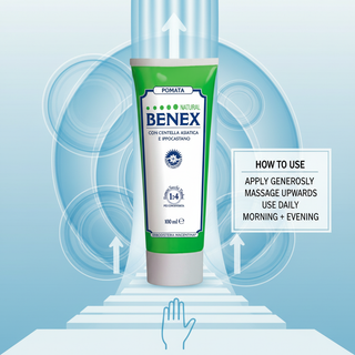 Benex Cooling Cream how to use visual with apply generously, massage upwards, use daily, morning and evening wording