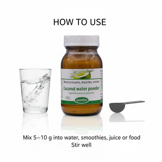 Sanatur Coconut Water Powder with usage wording on a clean mixing background