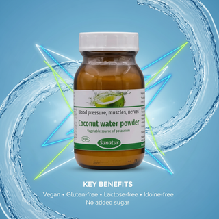 Sanatur Coconut Water Powder with key benefits wording on an abstract hydration background