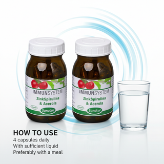 Sanatur ZincSpirulina and Acerola Value Bundle with usage wording on a clean water background without capsules tablets or powder