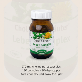 Sanatur Cholin and Herbs with dosage and storage wording on an information-inspired background