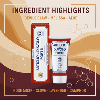 Natural Devil's Claw Cream 50ml ingredients: Devil's Claw, Melissa, Aloe, Rose Musk, Clove, Lavender and Camphor