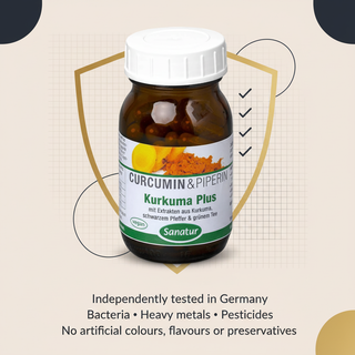 Sanatur Turmeric Plus product image with abstract German laboratory testing and quality background