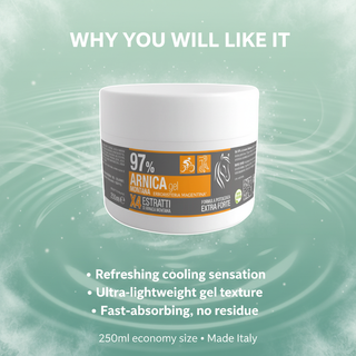 Arnica Gel 97% benefits: refreshing cooling sensation, ultra-lightweight fast-absorbing gel texture, and no residue
