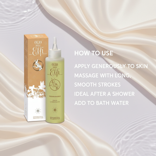 Elven Massage Oil 150ml how to use: apply generously to skin, massage with long smooth strokes, ideal after a shower, add to bath water