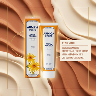 Arnica Forte Clay Paste key benefits visual with warming clay paste, targeted care for tired areas, apply leave on and rinse, 250 ml home-care format