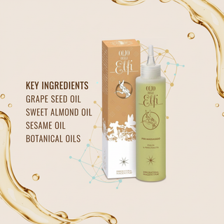 Elven Massage Oil 150ml key ingredients: Grape Seed Oil, Sweet Almond Oil, Sesame Oil and Botanical Oils, with abstract oil and molecular graphics