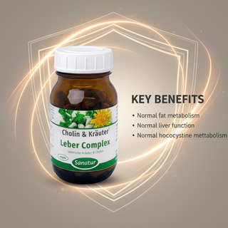 Sanatur Cholin and Herbs with key benefits wording on an abstract premium background