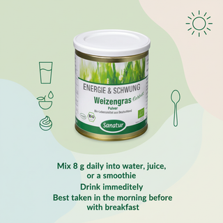 Sanatur Wheatgrass product image with abstract water, juice, smoothie and morning routine background
