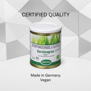 Sanatur Organic Barley Grass Powder with certification wording on a clean laboratory background without powder