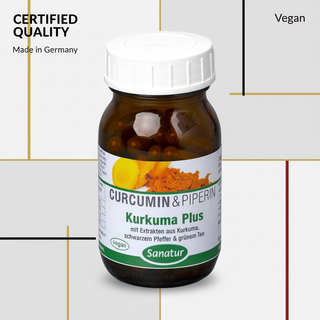 Sanatur Turmeric Plus with certification wording on a laboratory-inspired background