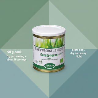 Sanatur Organic Barley Grass Powder with serving and storage wording on a clean geometric background without powder
