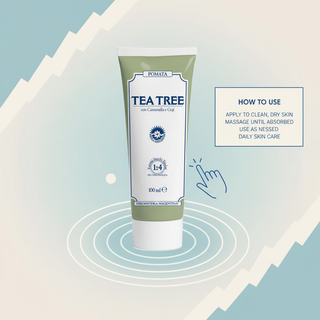 Tea Tree Cream how to use visual with clean dry skin, massage until absorbed and daily skin care wording
