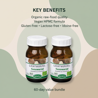 Sanatur Organic Yam Root Value Bundle with key benefit wording on a clean quality background without capsules tablets or powder