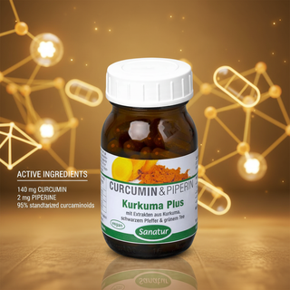 Sanatur Turmeric Plus with active ingredient wording on an abstract golden laboratory background