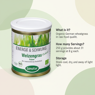 Sanatur Wheatgrass product image with calm abstract question and answer information layout