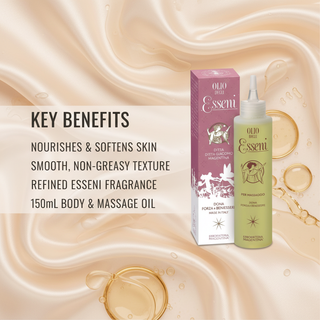 Esseni Massage Oil 150ml key benefits: nourishes and softens skin, smooth non-greasy texture, refined Esseni fragrance, body and massage oil