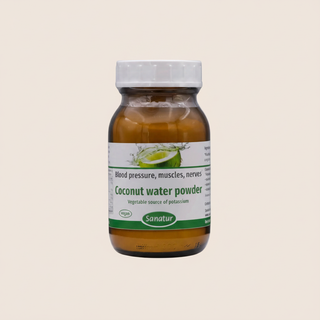 Sanatur Coconut Water Powder on the uploaded beige background without text or shadows