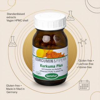 Sanatur Turmeric Plus product image with abstract standardised extract, vegan, gluten-free and German-made background