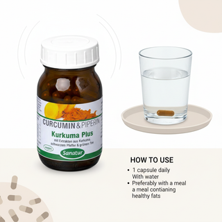 Sanatur Turmeric Plus with usage wording on a clean water background