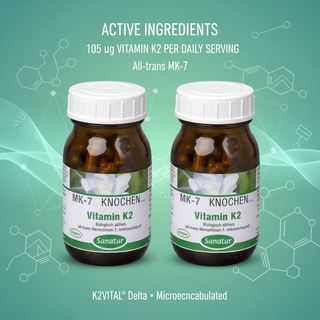Sanatur Vitamin K2 MK-7 Value Bundle with active ingredient wording on a clean molecular background without capsules tablets or powder