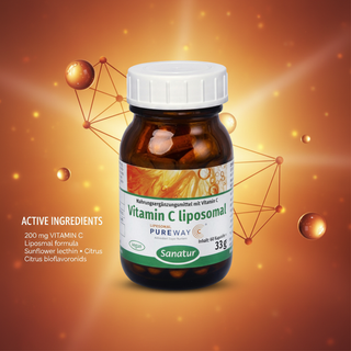 Sanatur Liposomal Vitamin C with active ingredient wording on an abstract laboratory background