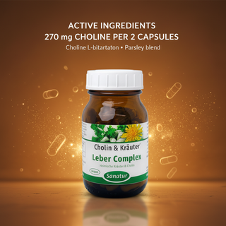 Sanatur Cholin and Herbs with active ingredient wording on an abstract laboratory background