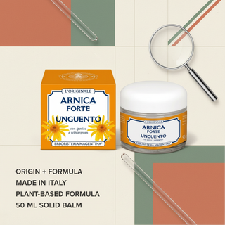 Arnica Forte Balm origin and formula visual with Made in Italy, plant-based formula, solid balm and 50 ml wording