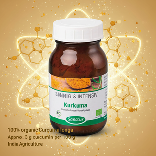 Sanatur Organic Turmeric product image with abstract curcumin molecular background and ingredient wording