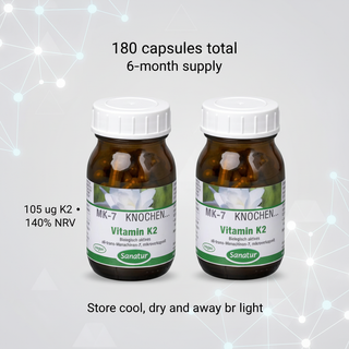 Sanatur Vitamin K2 MK-7 Value Bundle with dosage and storage wording on a clean geometric background without capsules tablets or powder